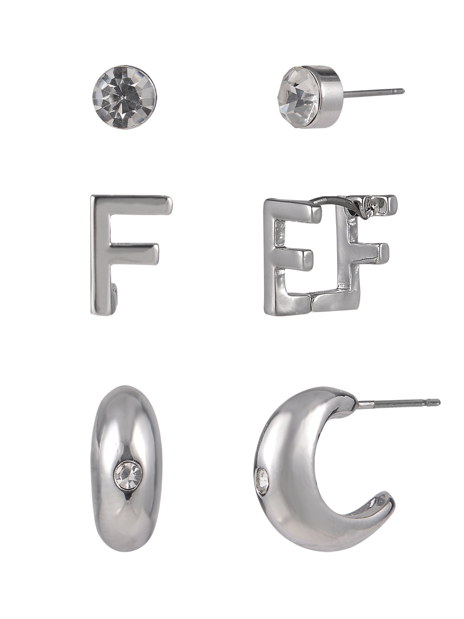 Time and Tru Silvertone 3-On Crystal Stud, Hoop, Initial "F" Earring Set