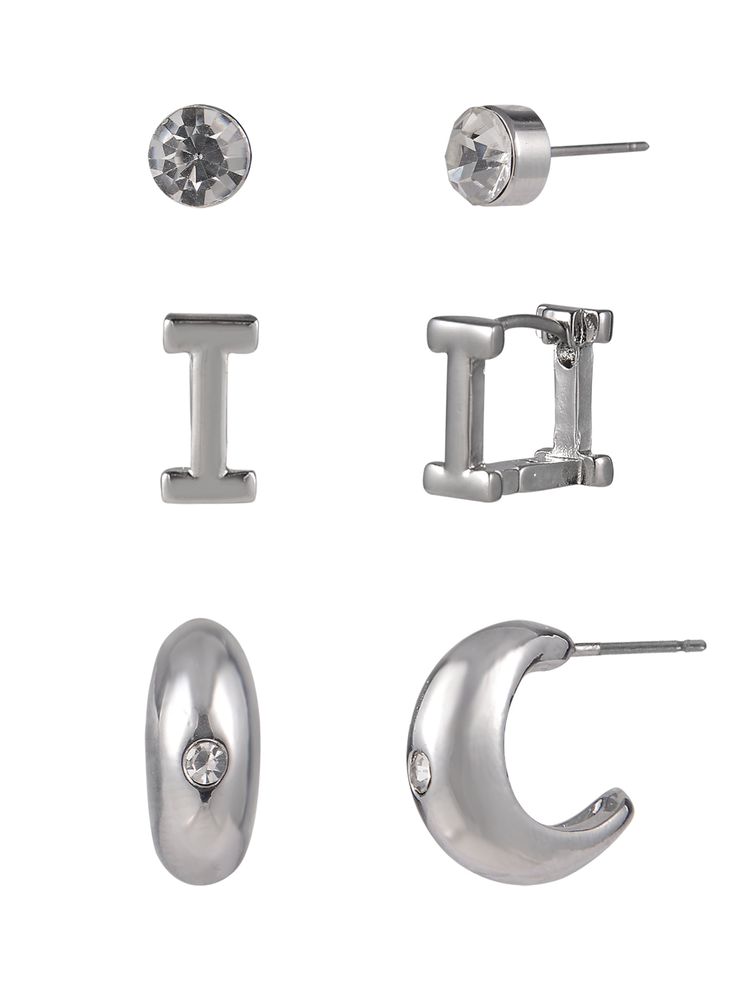Silvertone 3-On Crystal Stud, Hoop, Initial "I" Earring Set