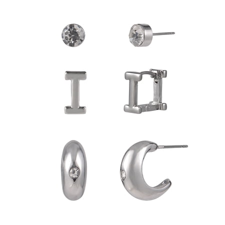 Time and Tru Silvertone 3-On Crystal Stud, Hoop, Initial "I" Earring Set