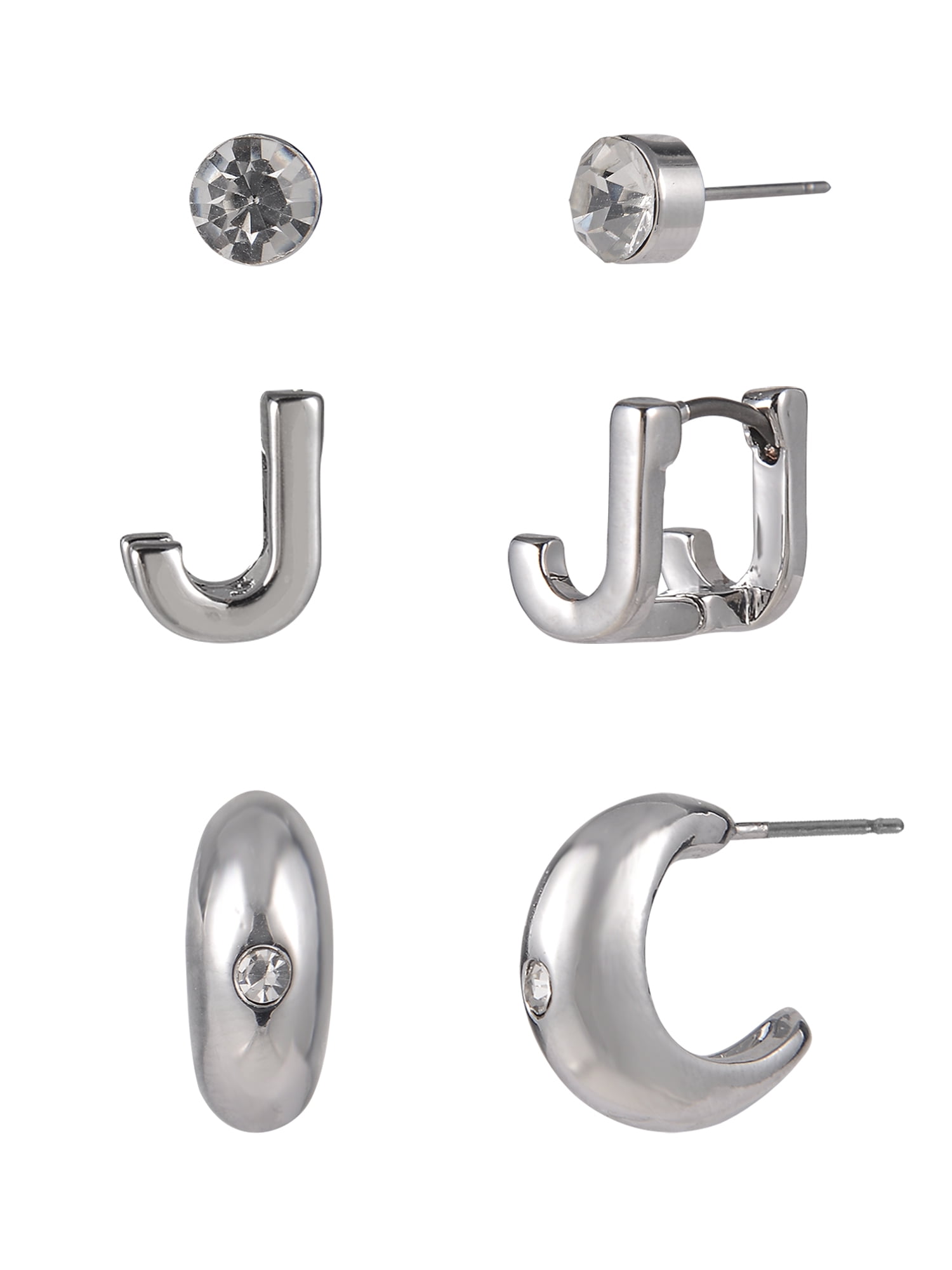 Time and Tru Silvertone 3-On Crystal Stud, Hoop, Initial "J" Earring Set