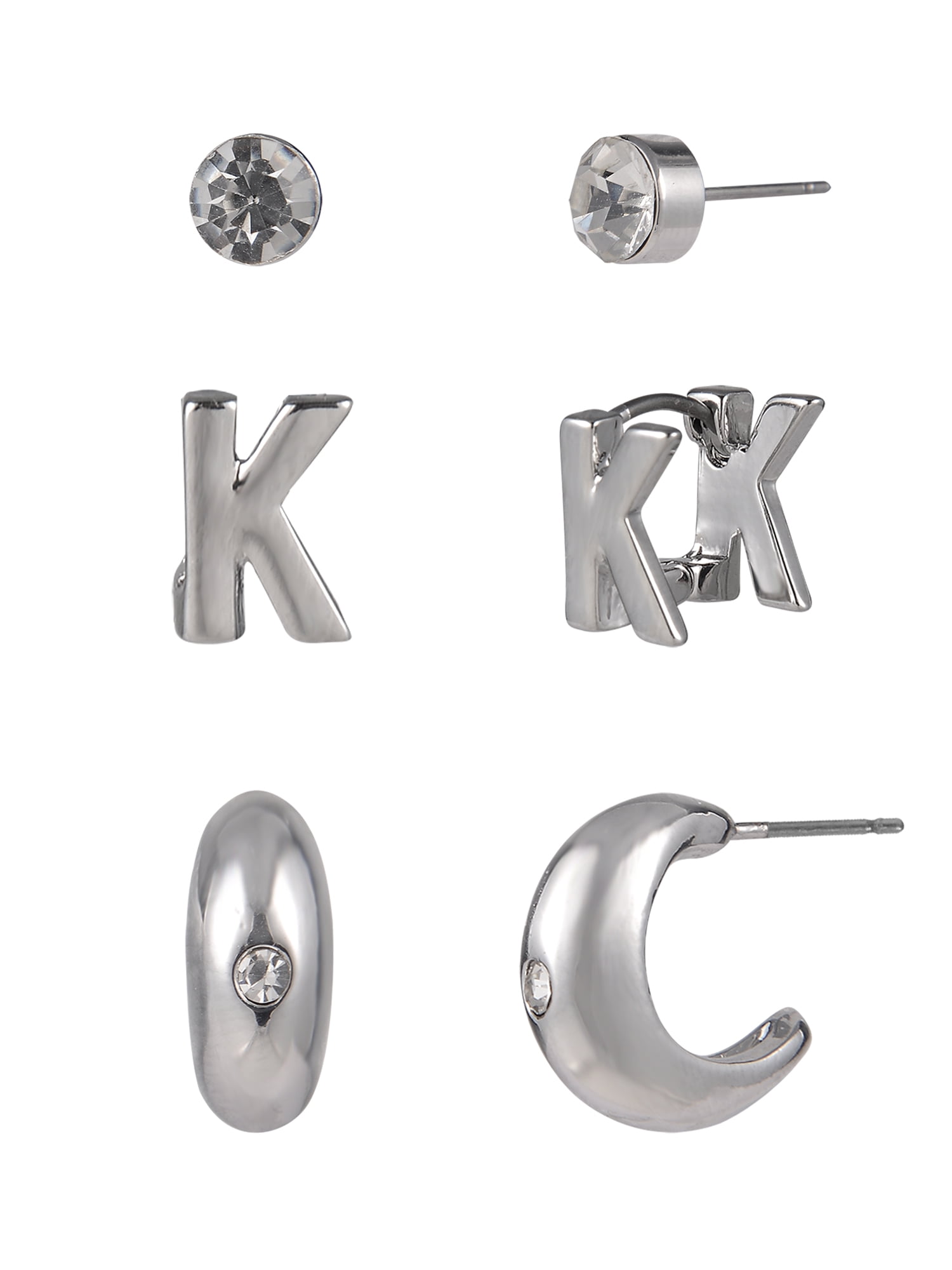 Time and Tru Silvertone 3-On Crystal Stud, Hoop, Initial "K" Earring Set