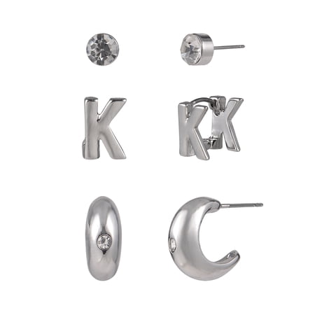 Time and Tru Silvertone 3-On Crystal Stud, Hoop, Initial "K" Earring Set