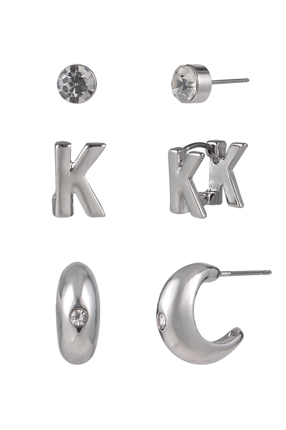 Silvertone 3-On Crystal Stud, Hoop, Initial "K" Earring Set