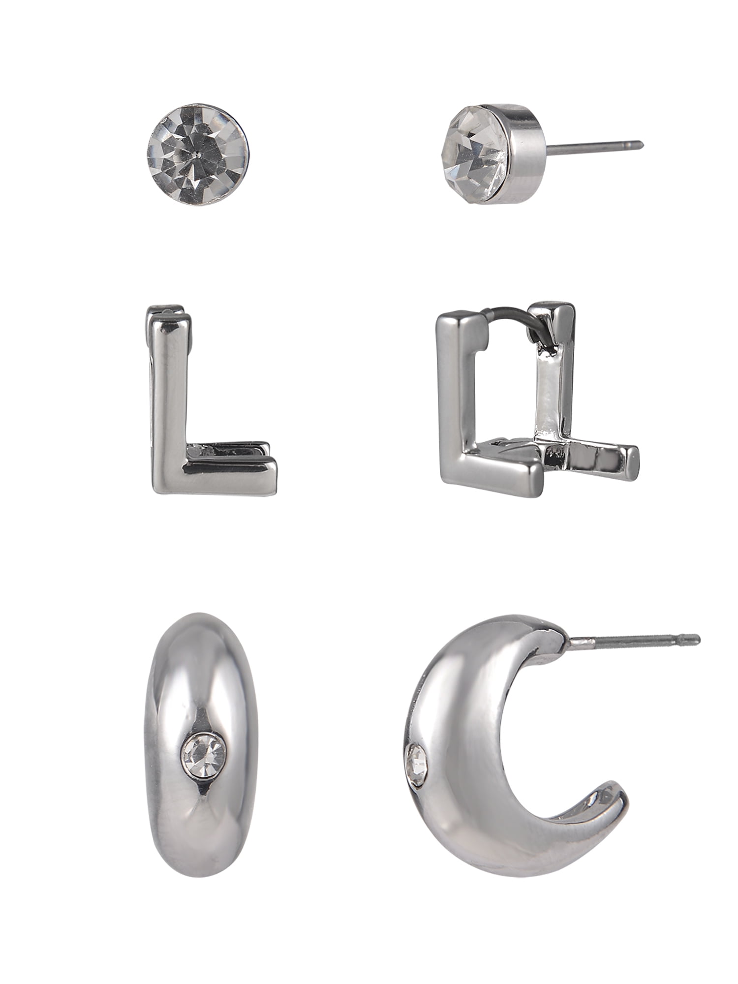 Time and Tru Silvertone 3-On Crystal Stud, Hoop, Initial "L" Earring Set