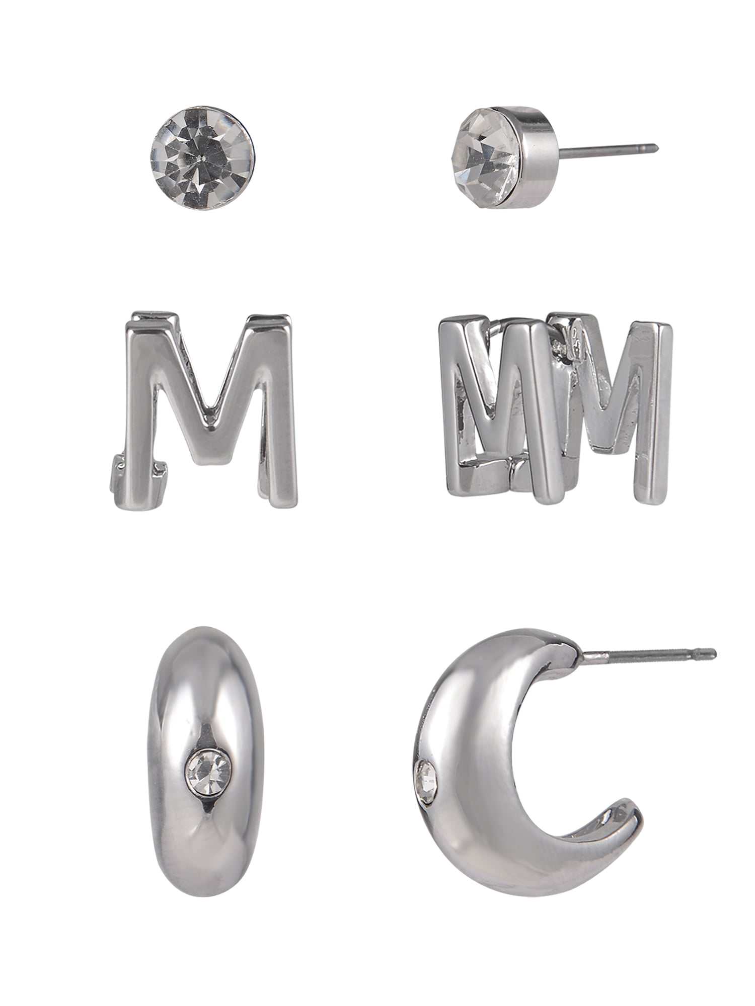 Time and Tru Silvertone 3-On Crystal Stud, Hoop, Initial "M" Earring Set