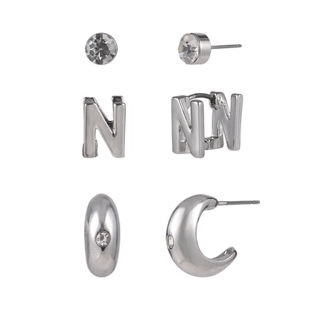 Time and Tru Silvertone 3-On Crystal Stud, Hoop, Initial "N" Earring Set