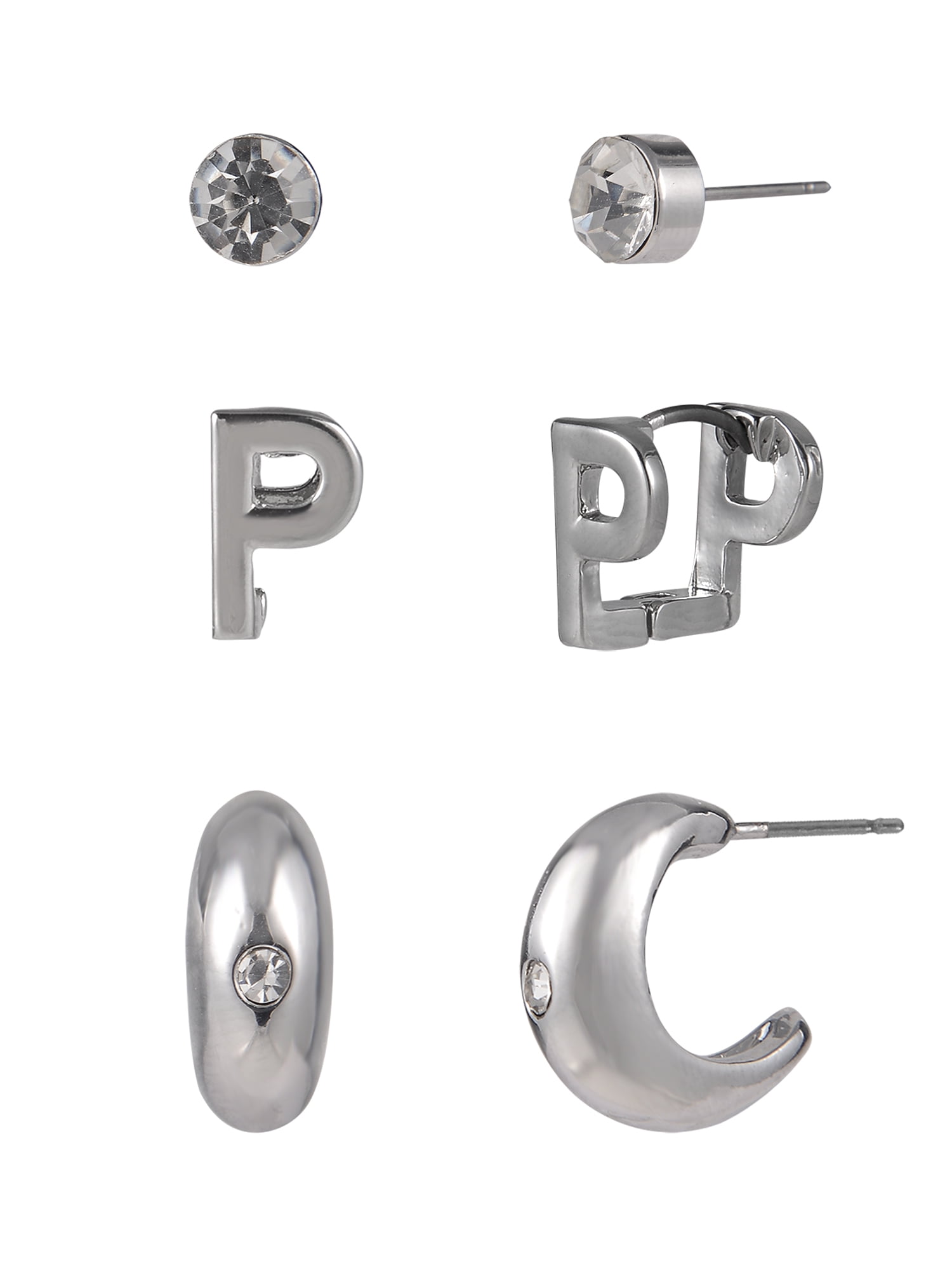 Time and Tru Silvertone 3-On Crystal Stud, Hoop, Initial "P" Earring Set
