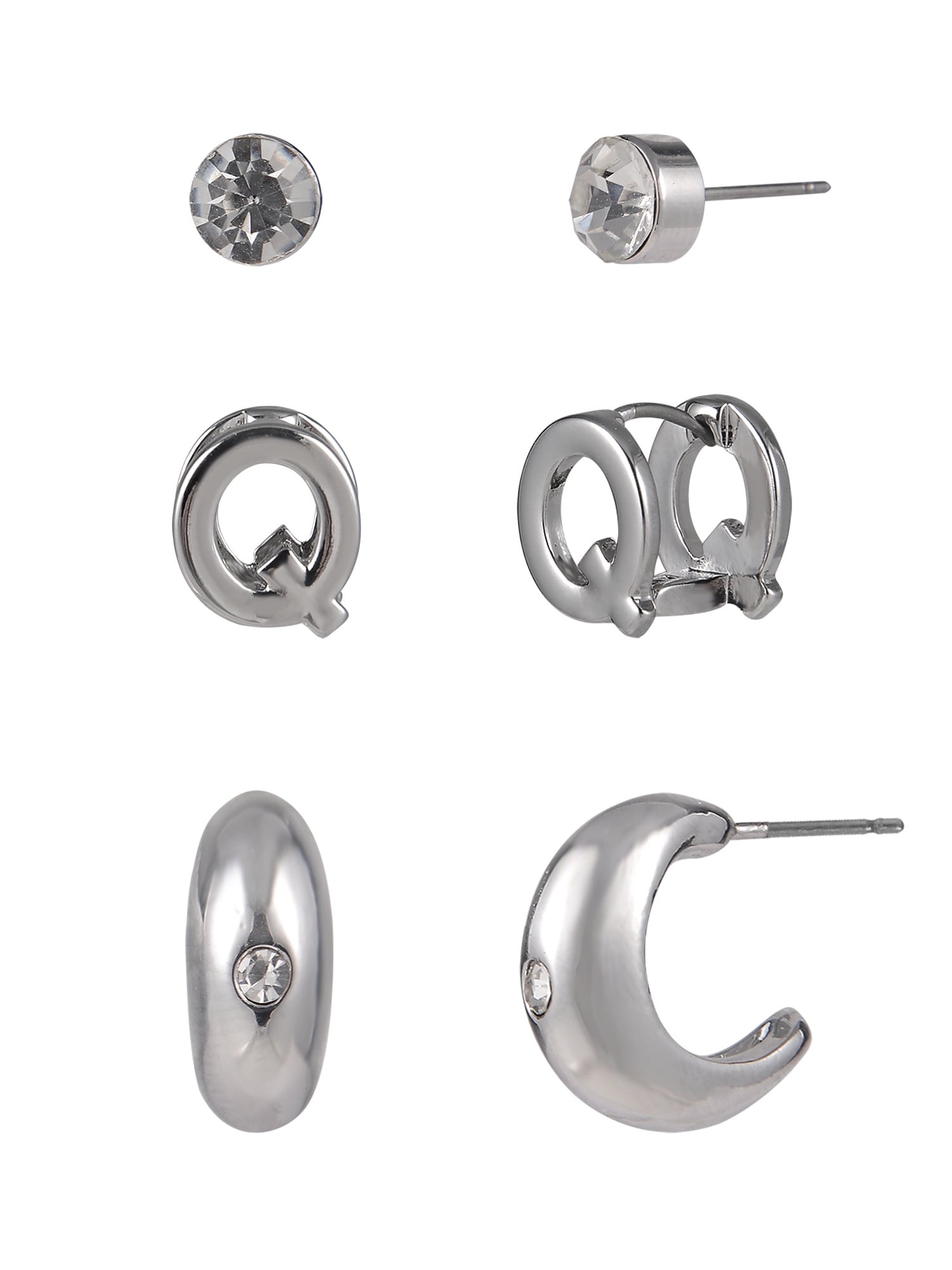 Silvertone 3-On Crystal Stud, Hoop, Initial "Q" Earring Set