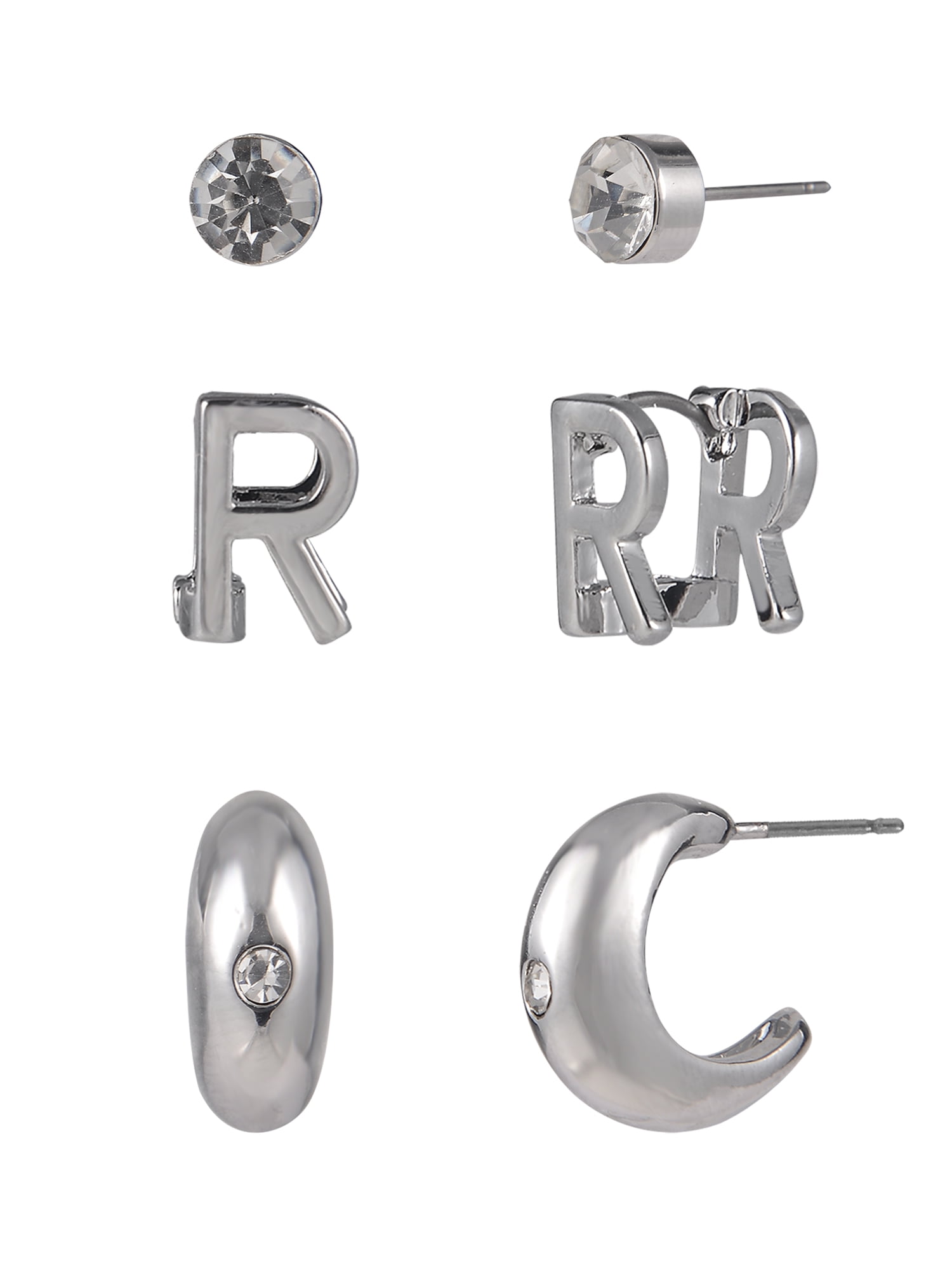 Time and Tru Silvertone 3-On Crystal Stud, Hoop, Initial "R" Earring Set