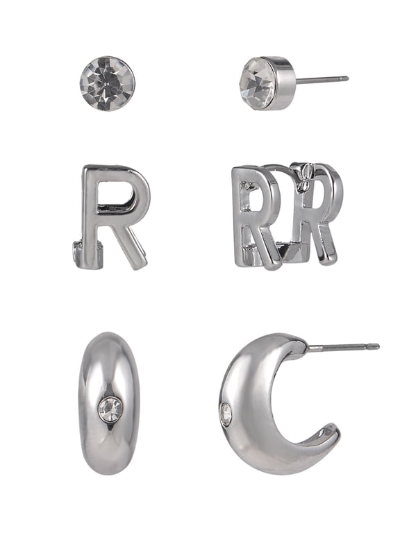 Silvertone Crystal Stud, Hoop, Initial "R" Earring Set