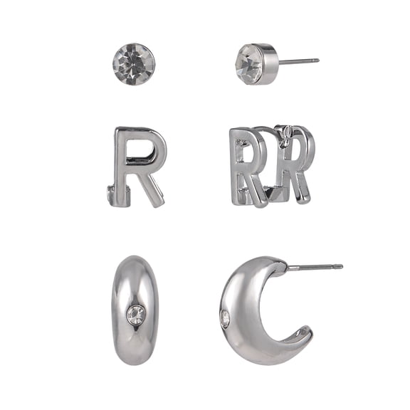Time and Tru Silvertone Crystal Stud, Hoop, Initial "R" Earring Set