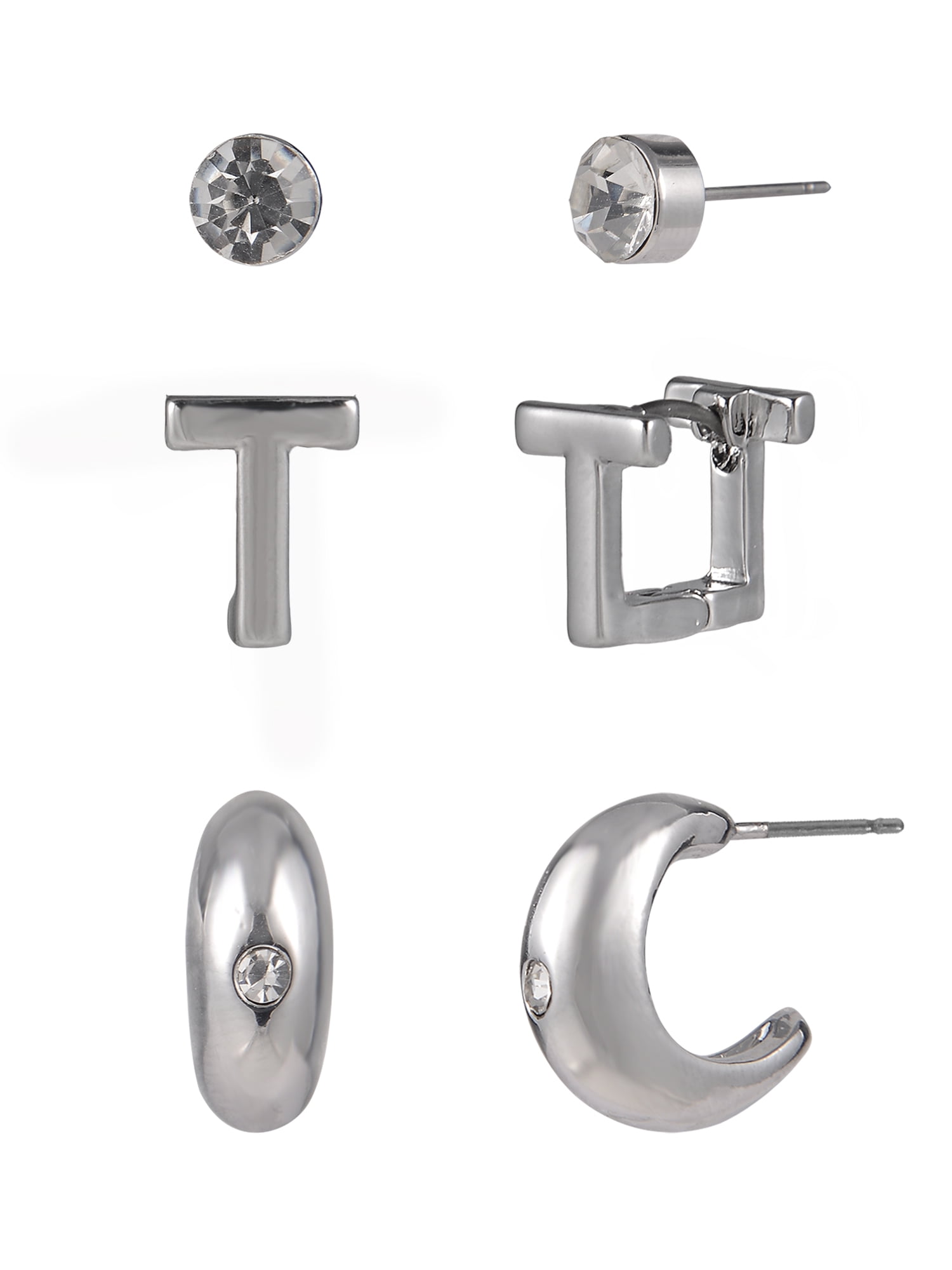 Time and Tru Silvertone 3-On Crystal Stud, Hoop, Initial "T" Earring Set