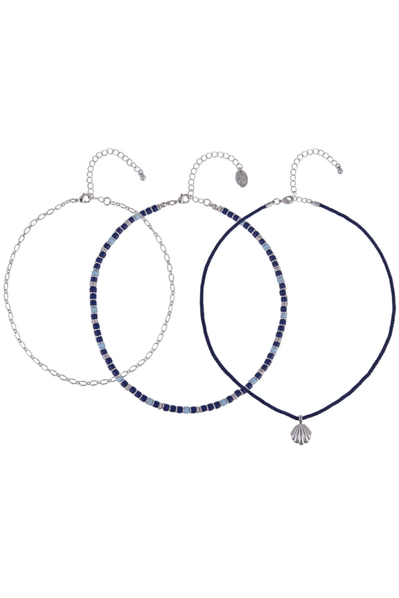 Silvertone 3pc Blue Bead Metal Shell CharmLayered Necklace