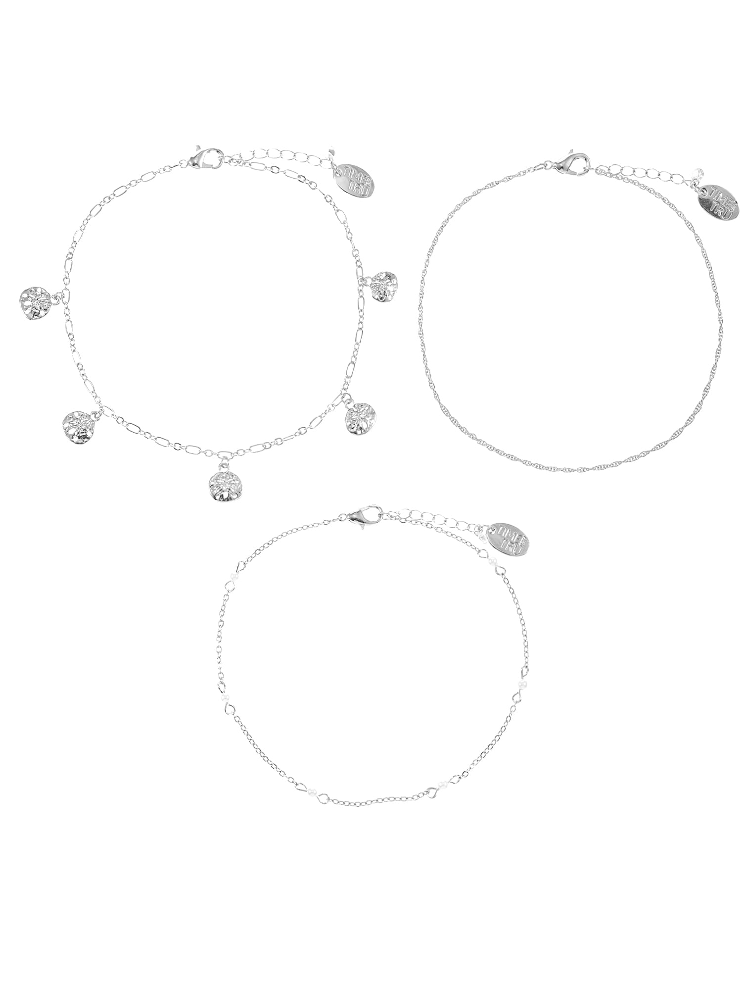 Silvertone Anklet Set, Sand Dollar Charms, 3 Pieces
