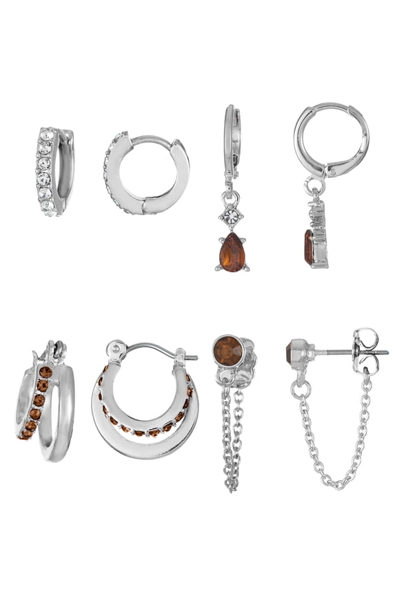Silvertone Hoop and Dangle "November" Earring Set, 4 Pairs