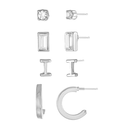 Time and Tru Silvertone Initial Letter Earring Set, 4 Pairs, Letter I