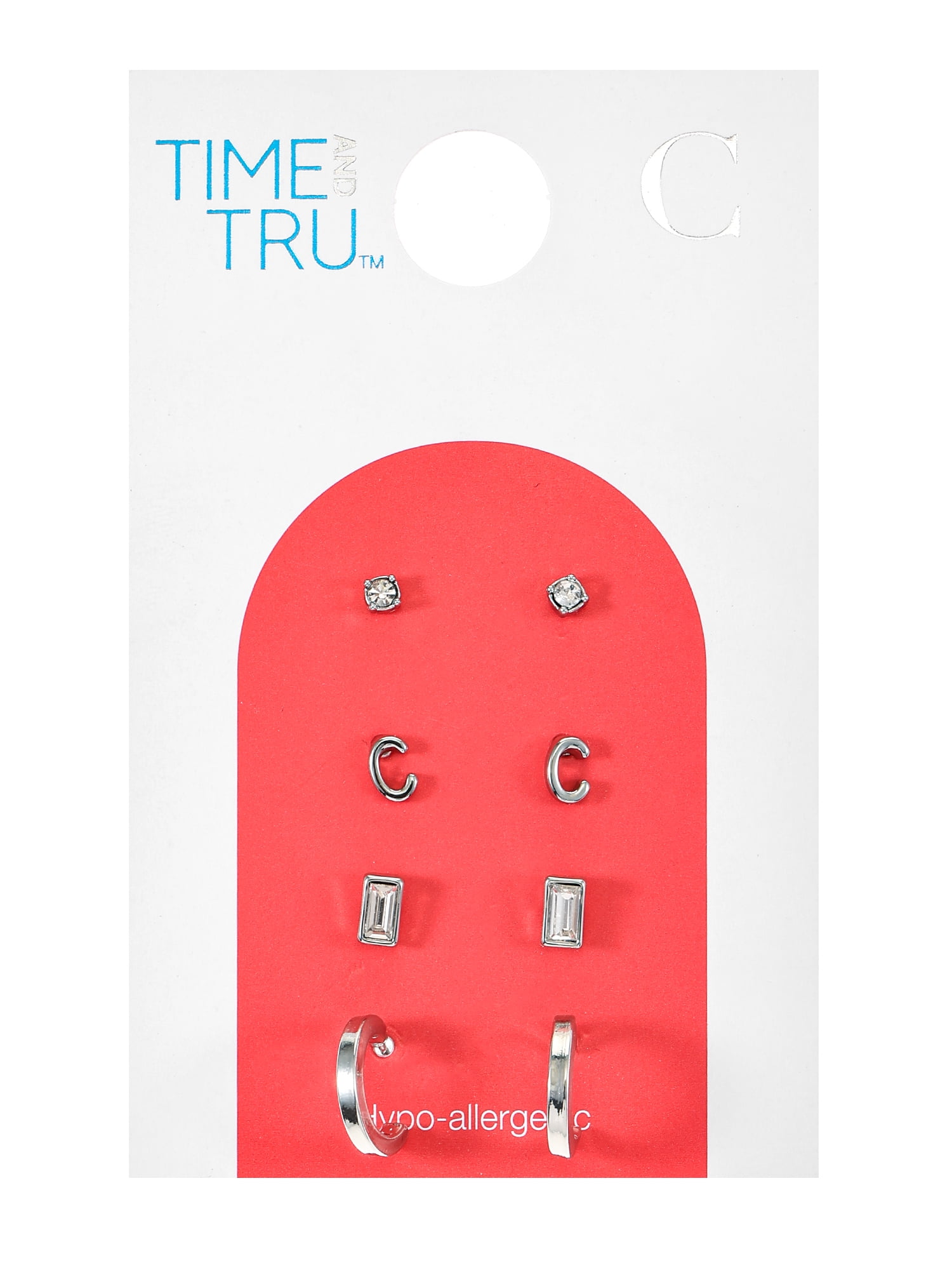Time and Tru Silvertone Initial Letter Earring Set, 4 pairs, Letter C