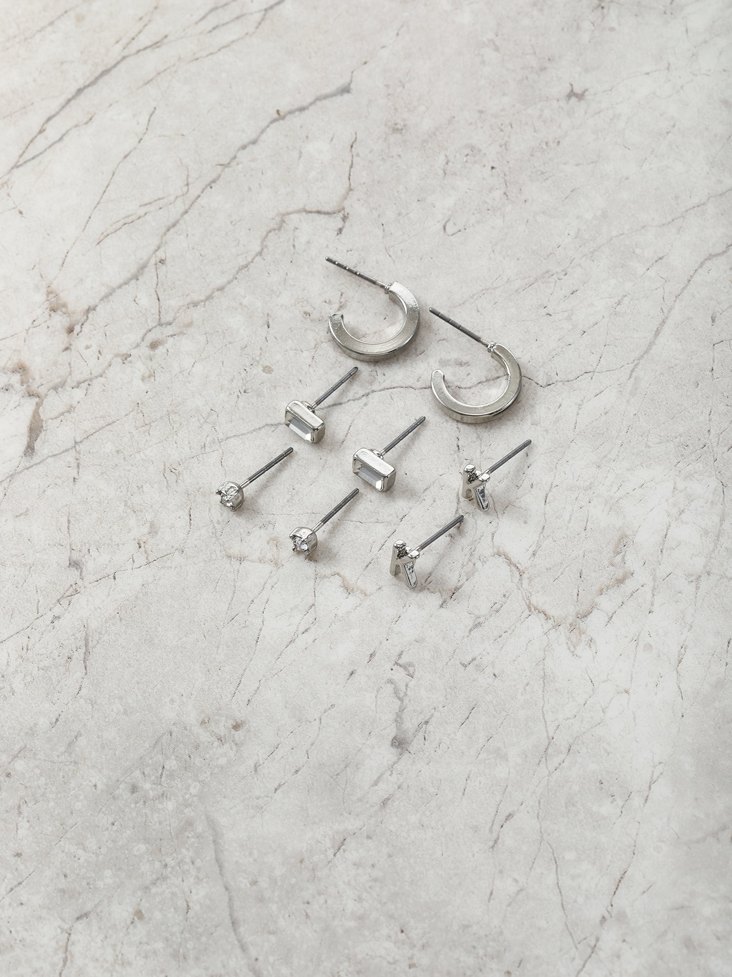 Time and Tru Silvertone Initial Letter Earring Set, 4 pairs, Letter K