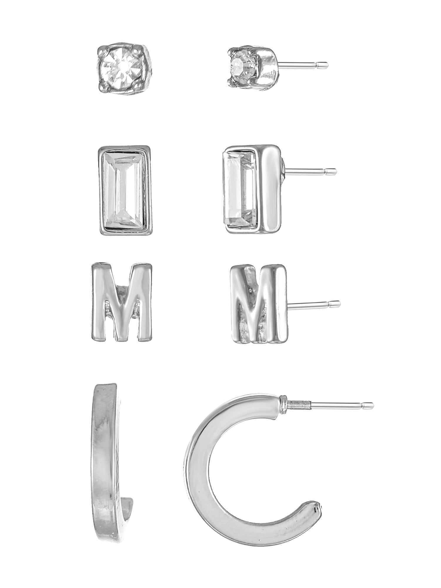 Time and Tru Silvertone Initial Letter Earring Set, 4 pairs, Letter M