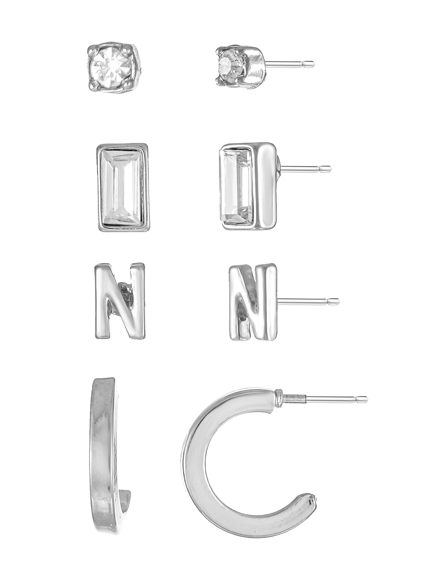 Time and Tru Silvertone Initial Letter Earring Set, 4 pairs, Letter N