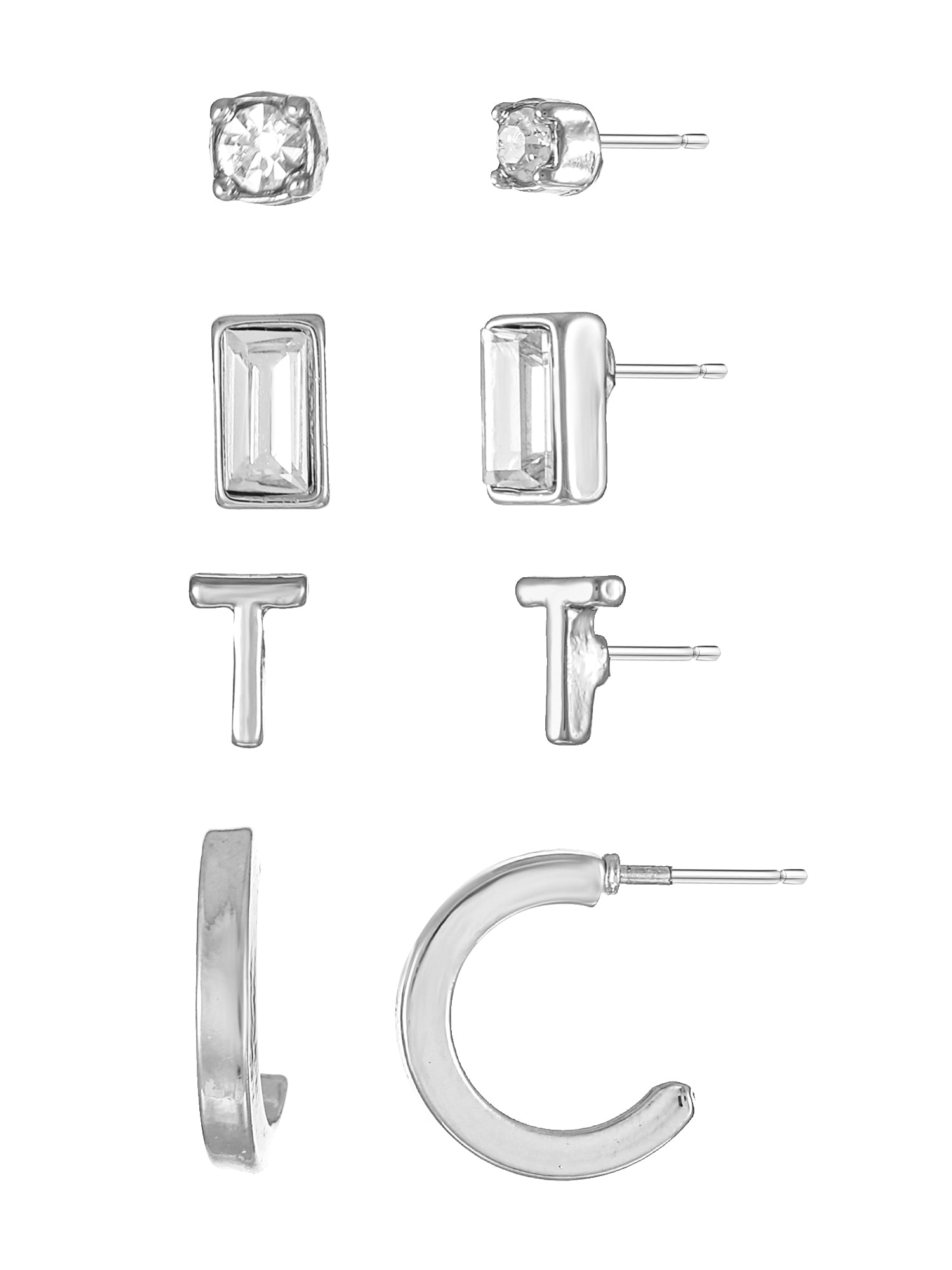 Time and Tru Silvertone Initial Letter Earring Set, 4 pairs, Letter T
