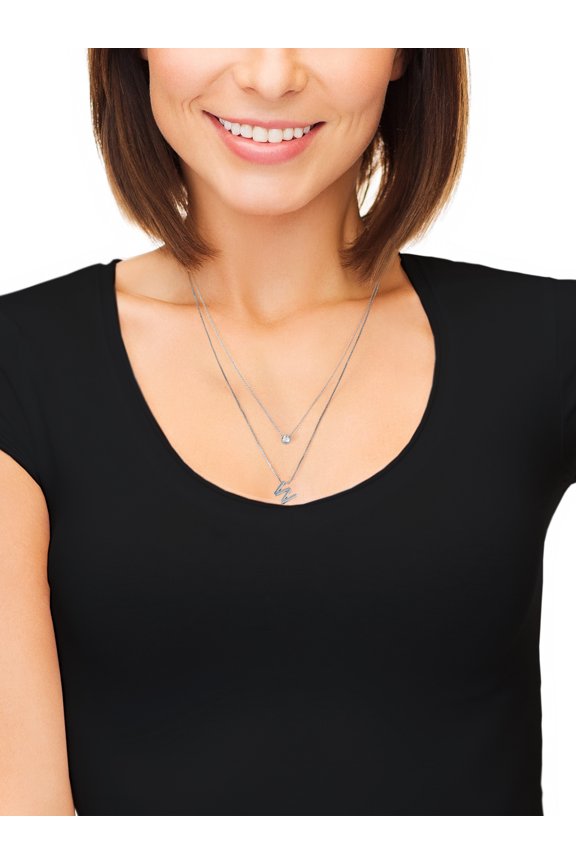 Silvertone Initial Letter Necklace Set, 2 Pieces, Letter W