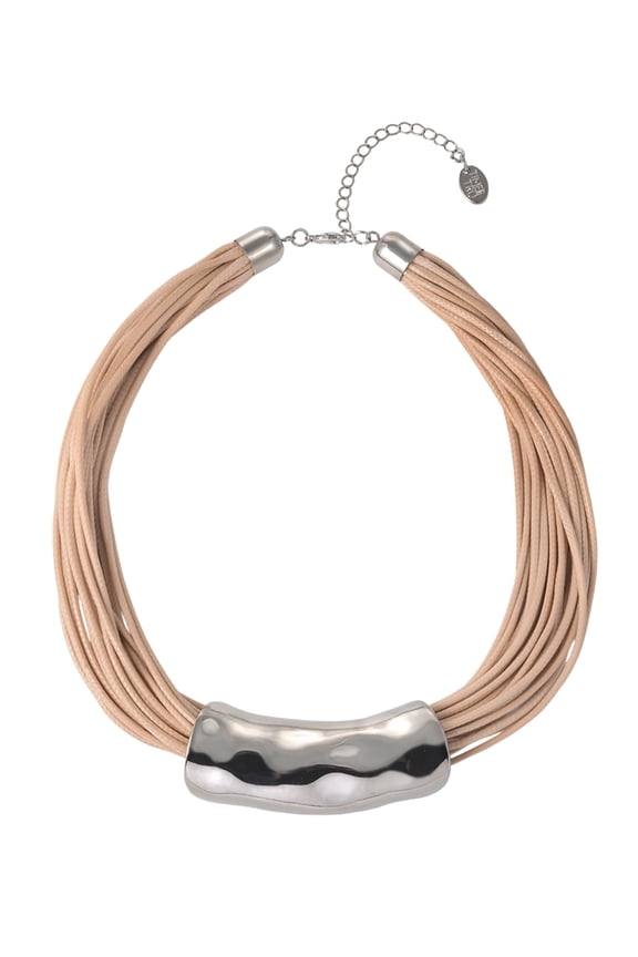 Silvertone Multi Cord Wide Hammered Metal Necklace