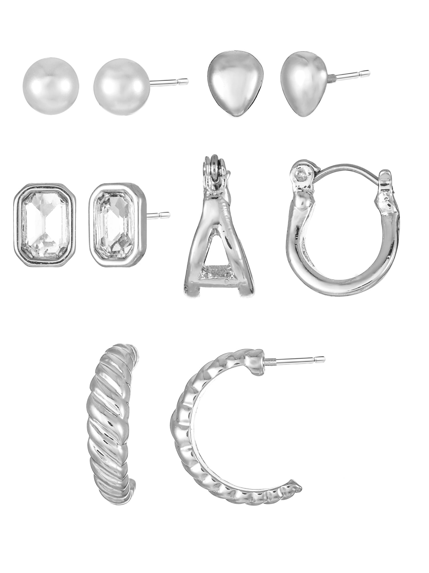 Walmart daily deals:  Time and Tru Silvertone Multi Earring Set, 5 Pairs, Initial A