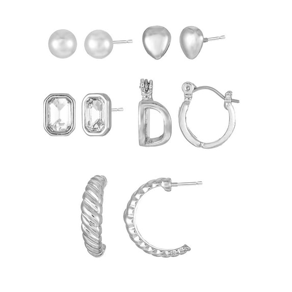 Time and Tru Silvertone Multi Earring Set, 5 Pairs, Initial D