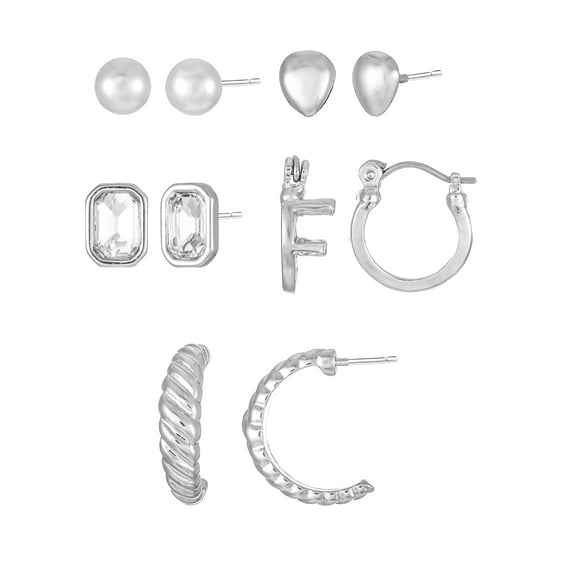 Time and Tru Silvertone Multi Earring Set, 5 Pairs, Initial F
