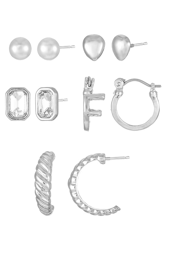 Silvertone Multi Earring Set, 5 Pairs, Initial F
