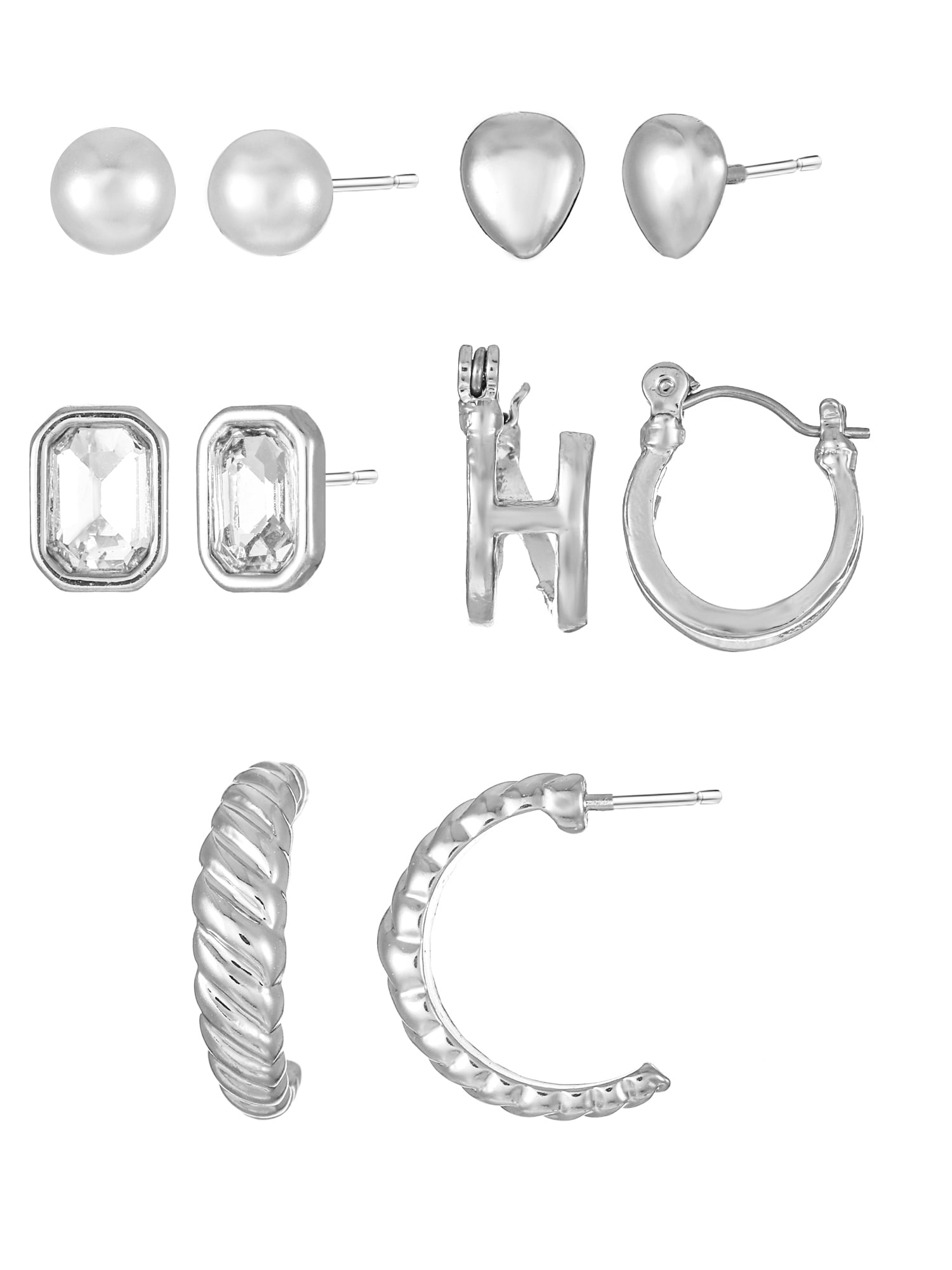 Time and Tru Silvertone Multi Earring Set, 5 Pairs, Initial H