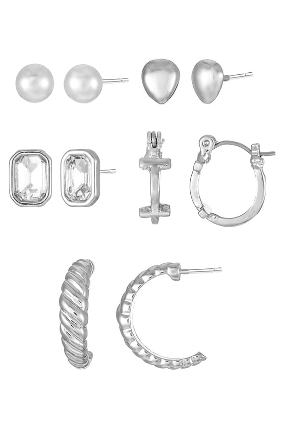Silvertone Multi Earring Set, 5 Pairs, Initial I