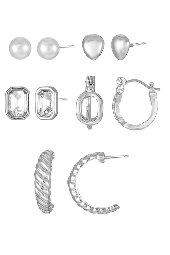 Silvertone Multi Earring Set, 5 Pairs, Initial O