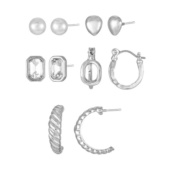 Time and Tru Silvertone Multi Earring Set, 5 Pairs, Initial O