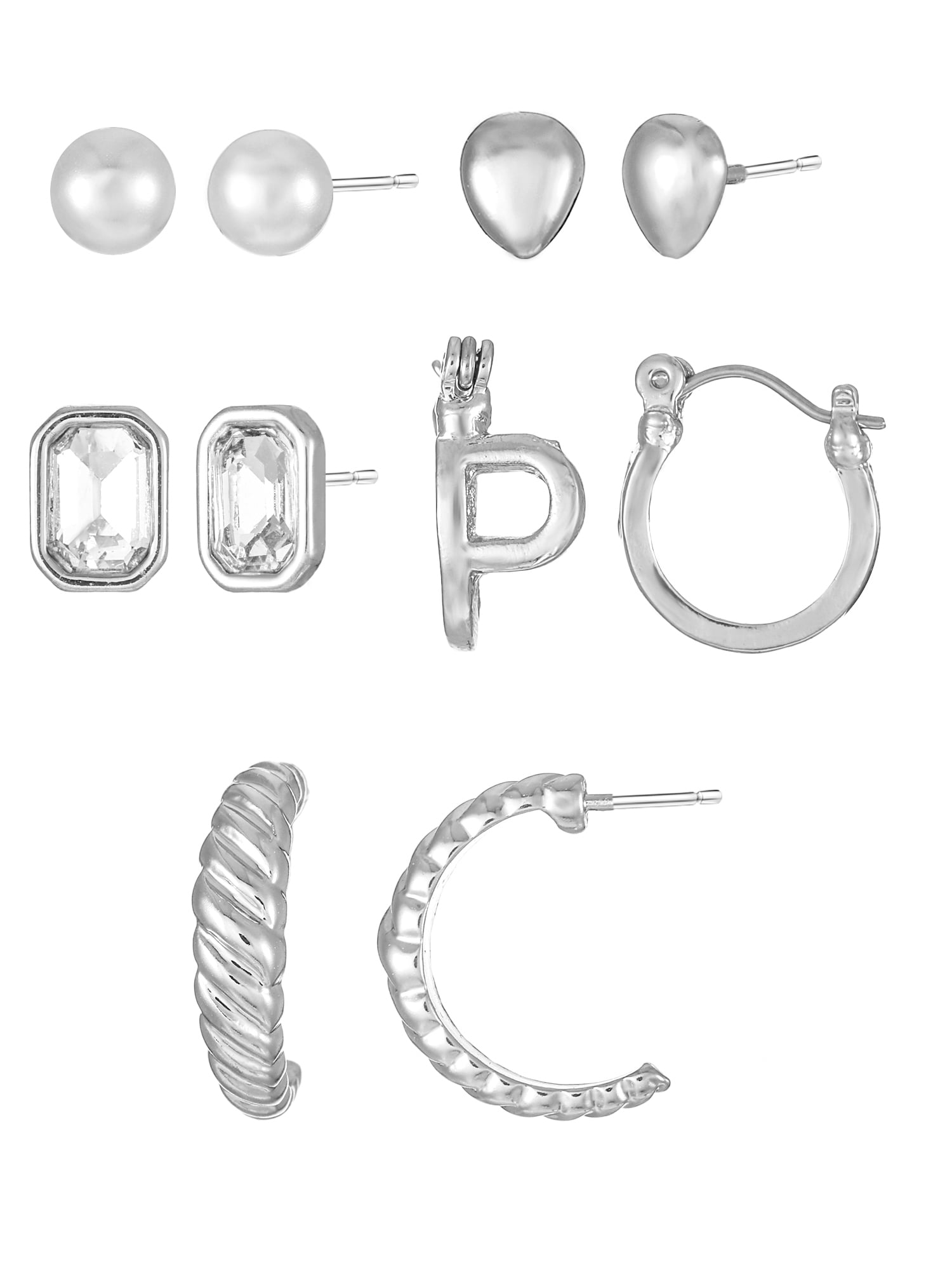 Time and Tru Silvertone Multi Earring Set, 5 Pairs, Initial P