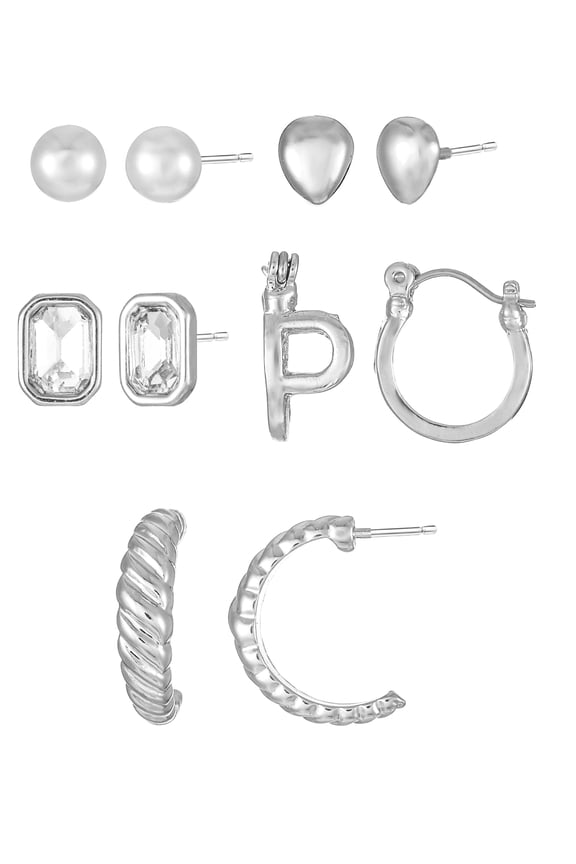 Silvertone Multi Earring Set, 5 Pairs, Initial P