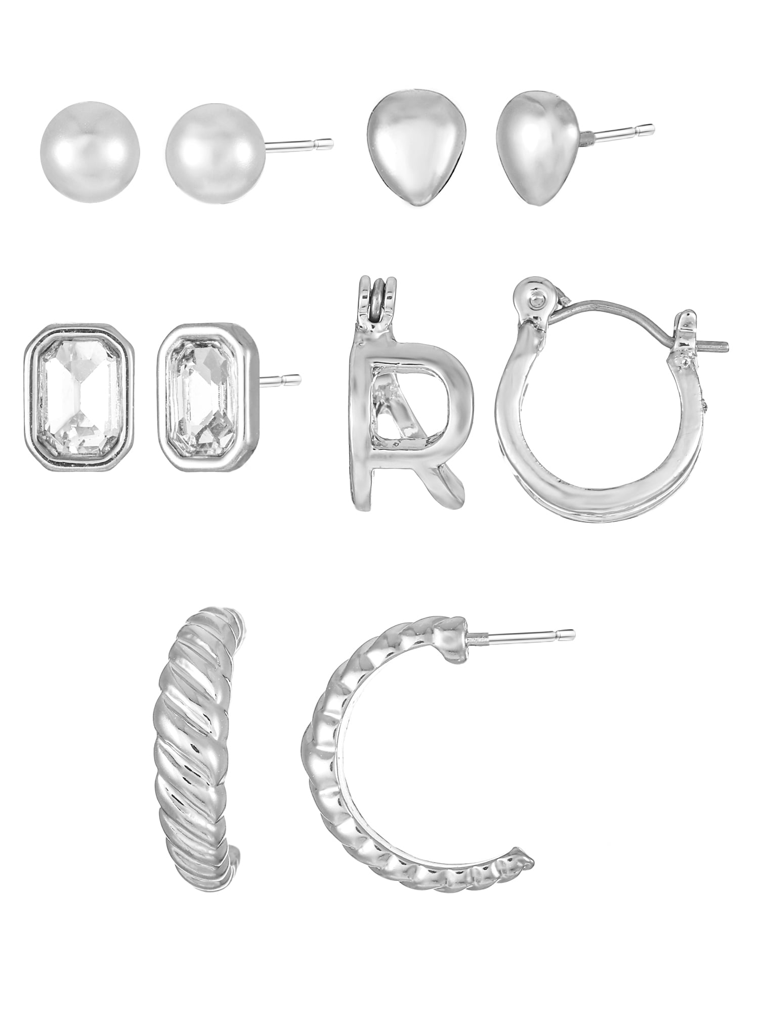 Time and Tru Silvertone Multi Earring Set, 5 Pairs, Initial R