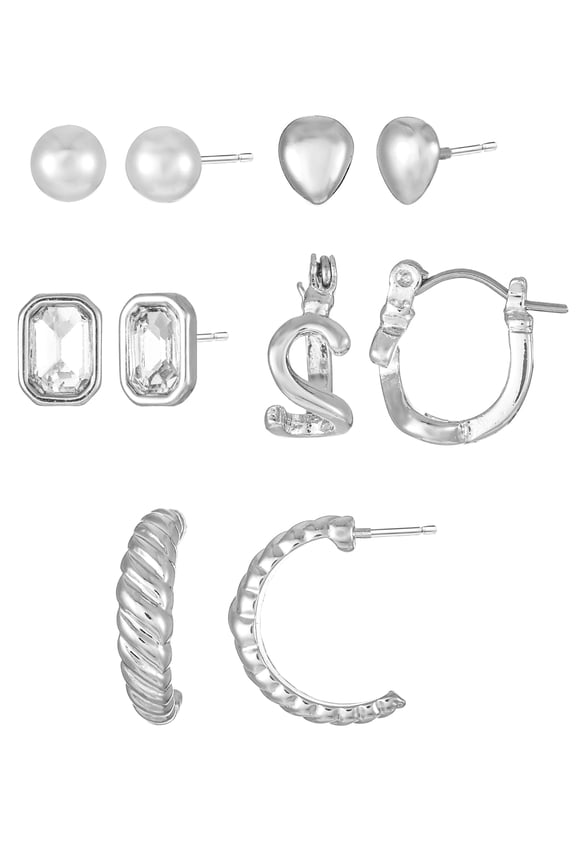 Silvertone Multi Earring Set, 5 Pairs, Initial S