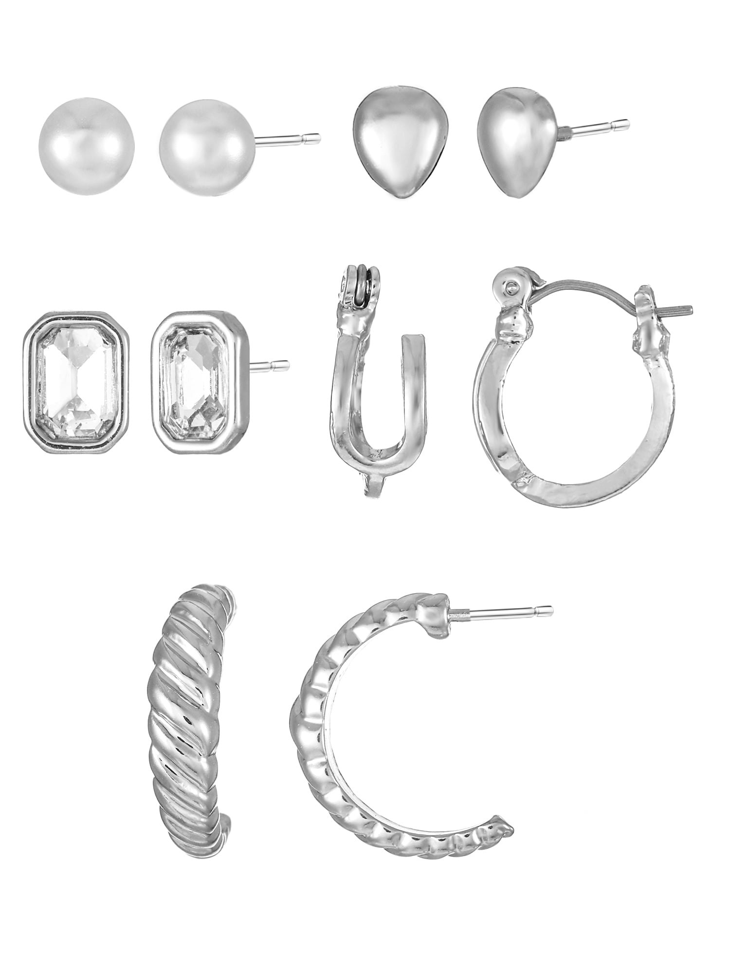 Silvertone Multi Earring Set, 5 Pairs, Initial U