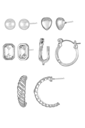 Silvertone Multi Earring Set, 5 Pairs, Initial U
