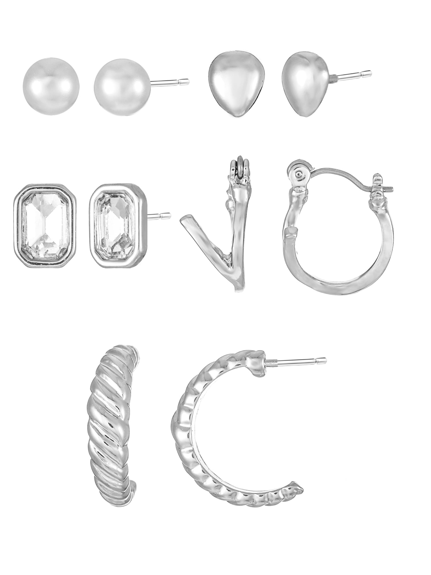Time and Tru Silvertone Multi Earring Set, 5 Pairs, Initial V