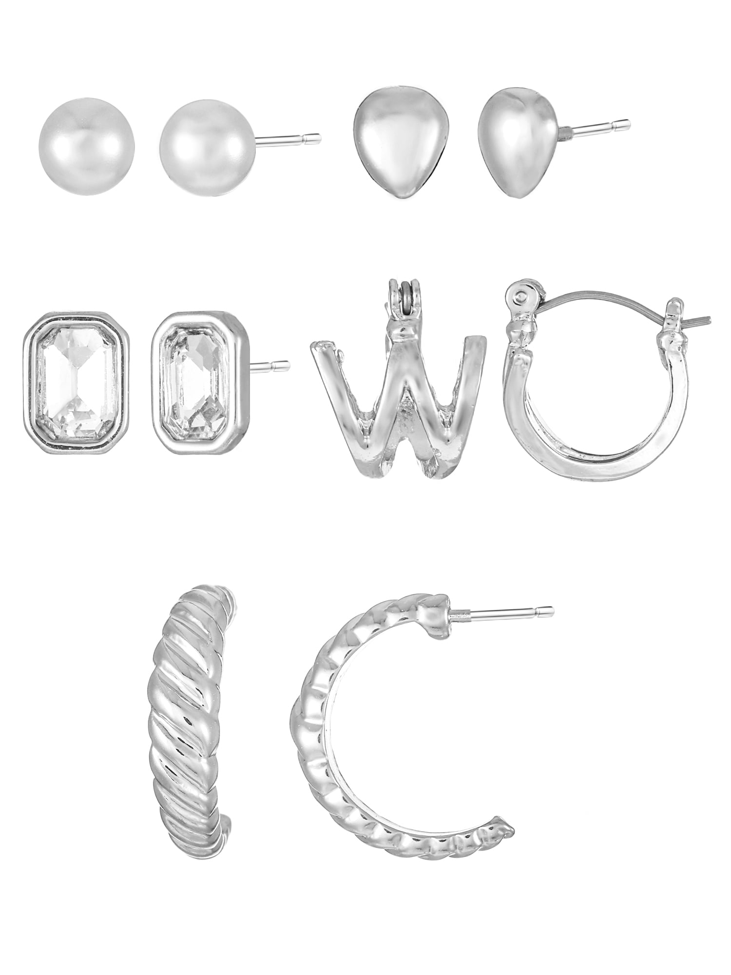 Time and Tru Silvertone Multi Earring Set, 5 Pairs, Initial W