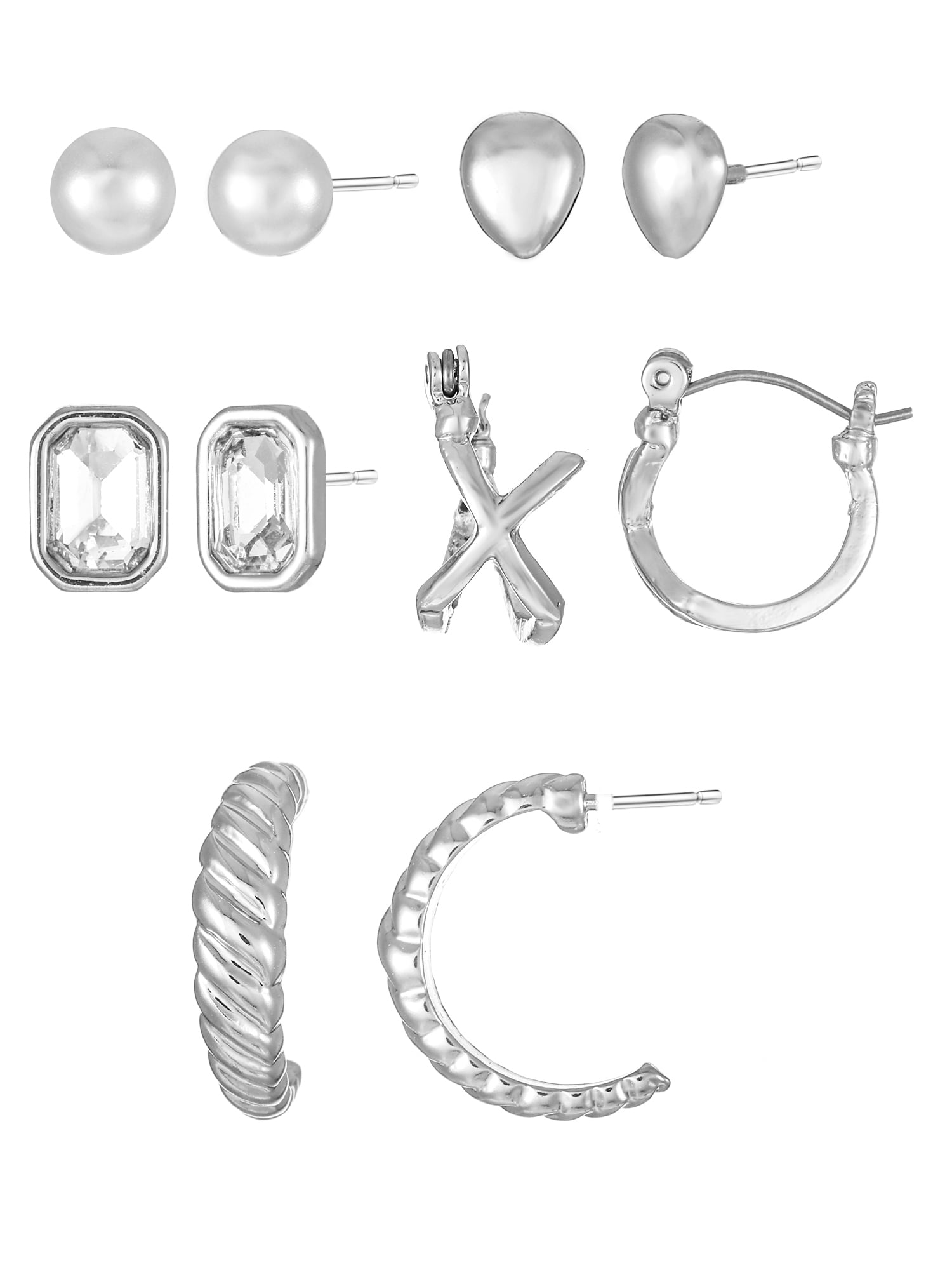 Time and Tru Silvertone Multi Earring Set, 5 Pairs, Initial X