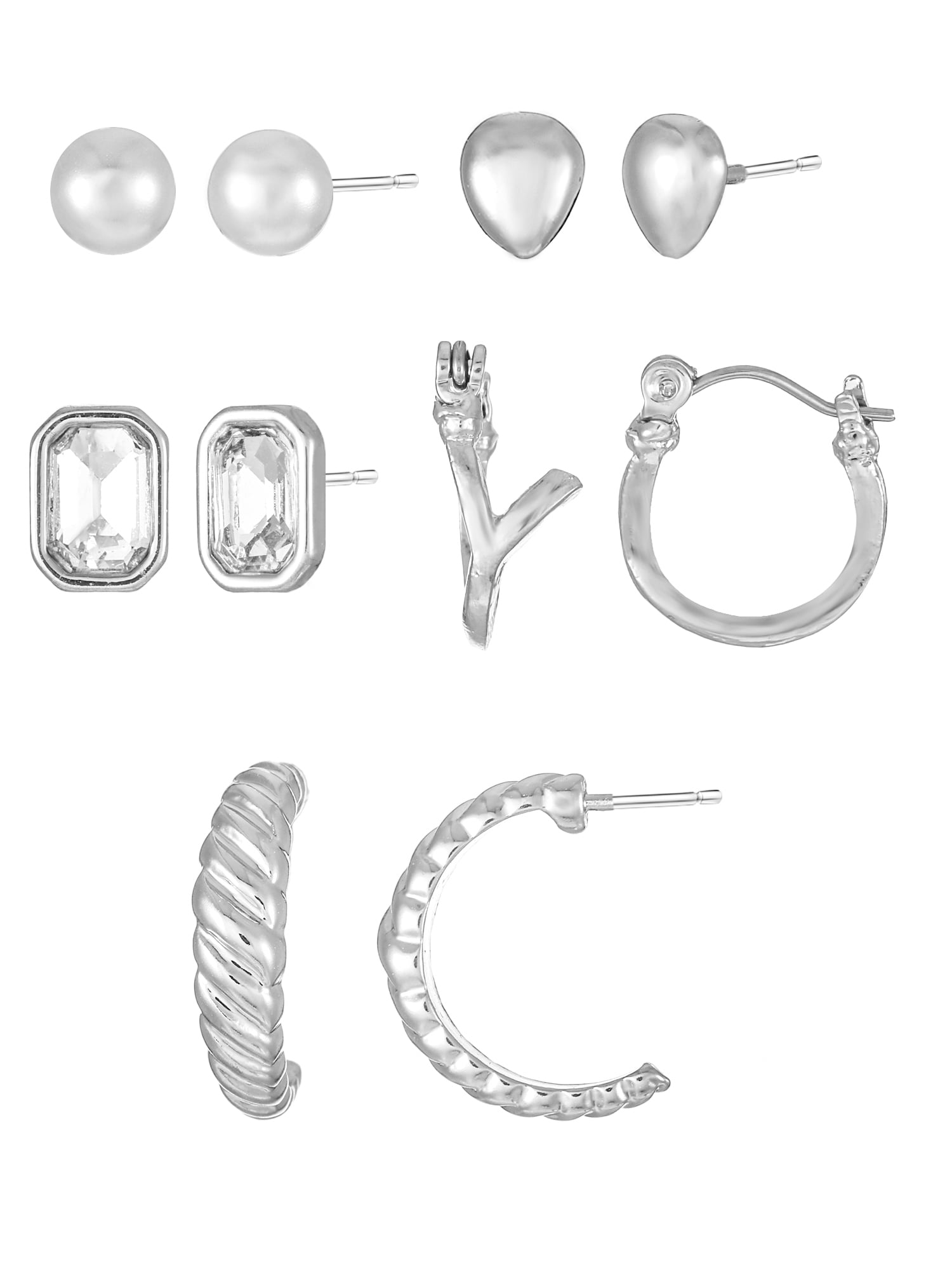 Time and Tru Silvertone Multi Earring Set, 5 Pairs, Initial Y