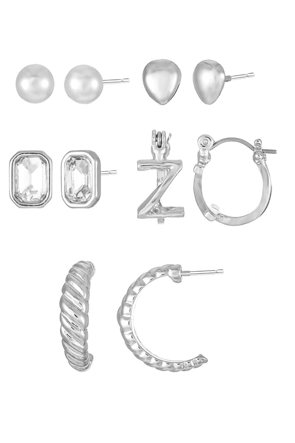 Silvertone Multi Earring Set, 5 Pairs, Initial Z