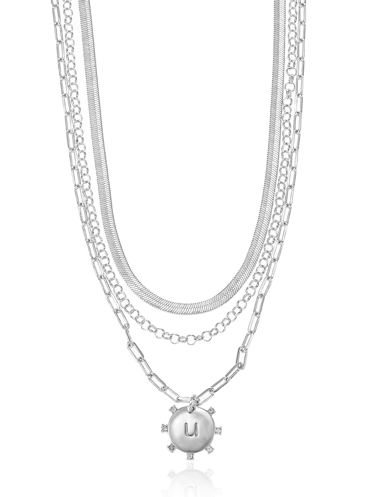 Time and Tru Silvertone Necklace, 3 Piece, Initial U