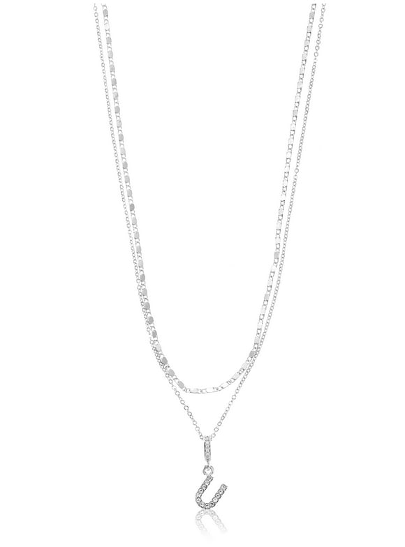 Silvertone Pave Initial Letter Necklace Set, 2 Pieces, Letter U