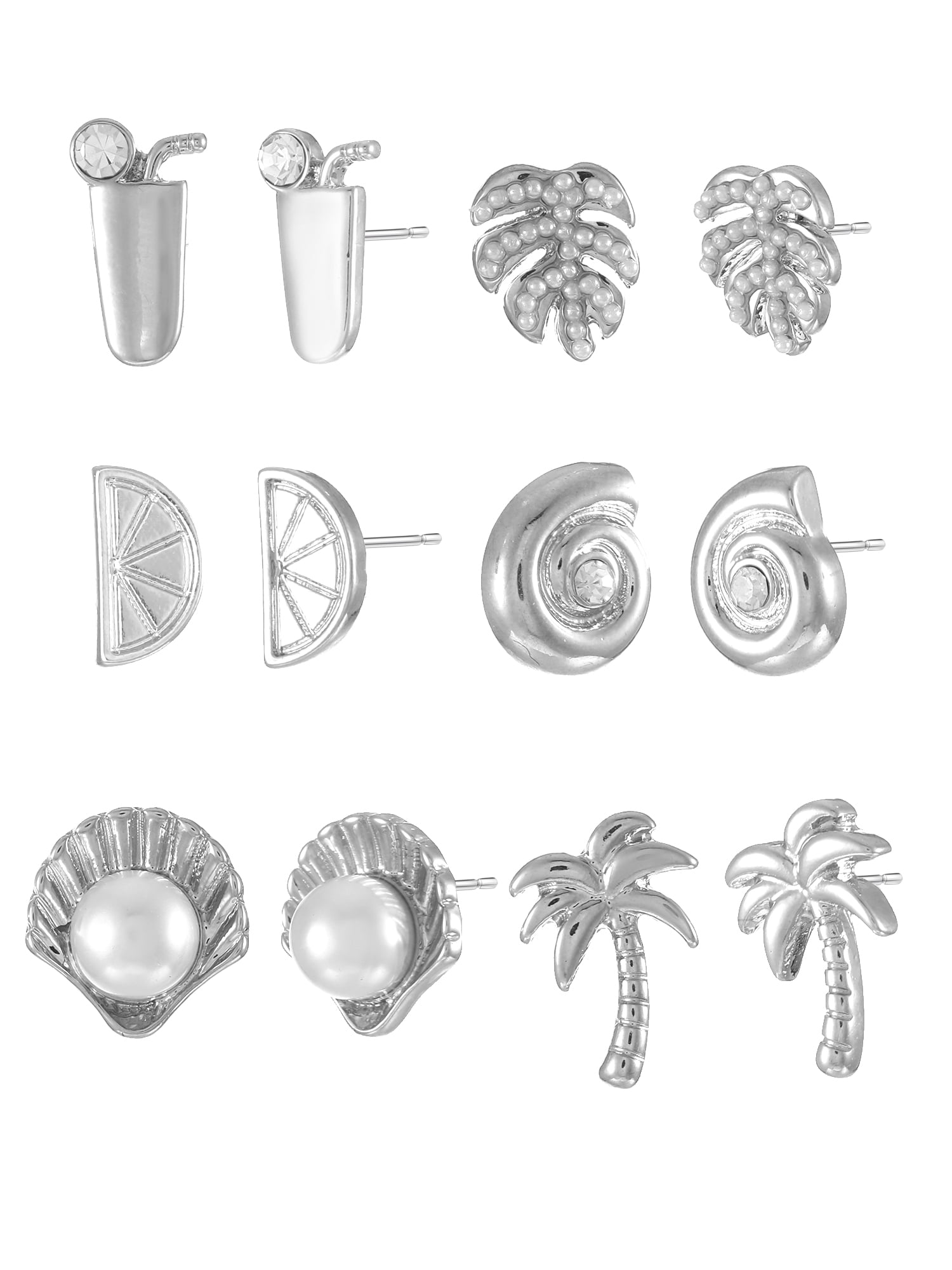 Silvertone Vacay Vibes Stud Earrings, 6 Pairs