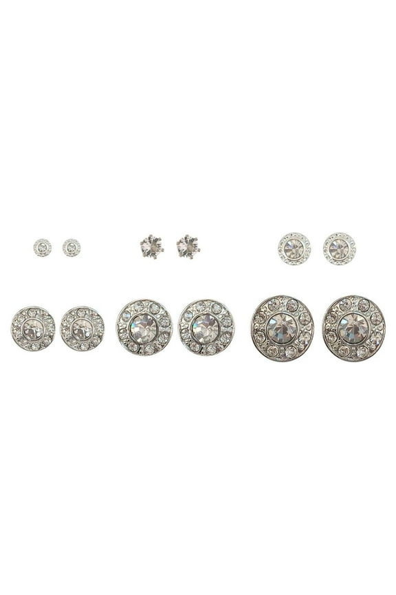 Simulated Diamond Stud Earrings, 6-Pack, Metal, Post Back, 6 Pairs